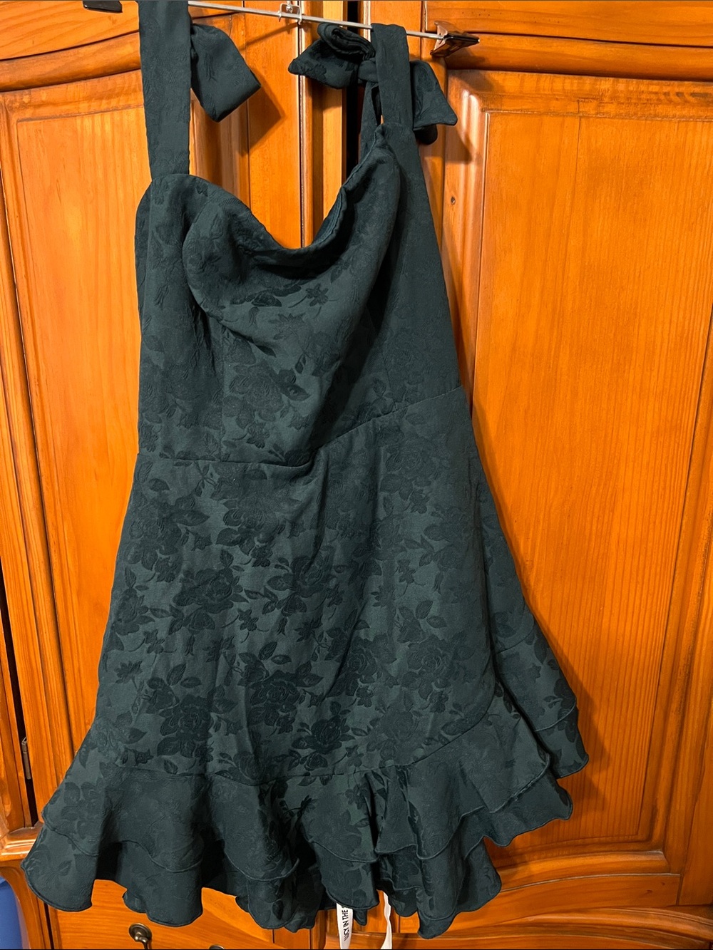 Lucy in the Sky Black Floral Jacquard Ruffle Mini Dress with Tie Straps